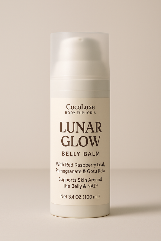 Lunar Glow Belly Balm – Red Raspberry, Pomegranate & Gotu Kola (3.4 oz) A nourishing botanical belly balm made to support radiant skin and daily womb-care rituals.