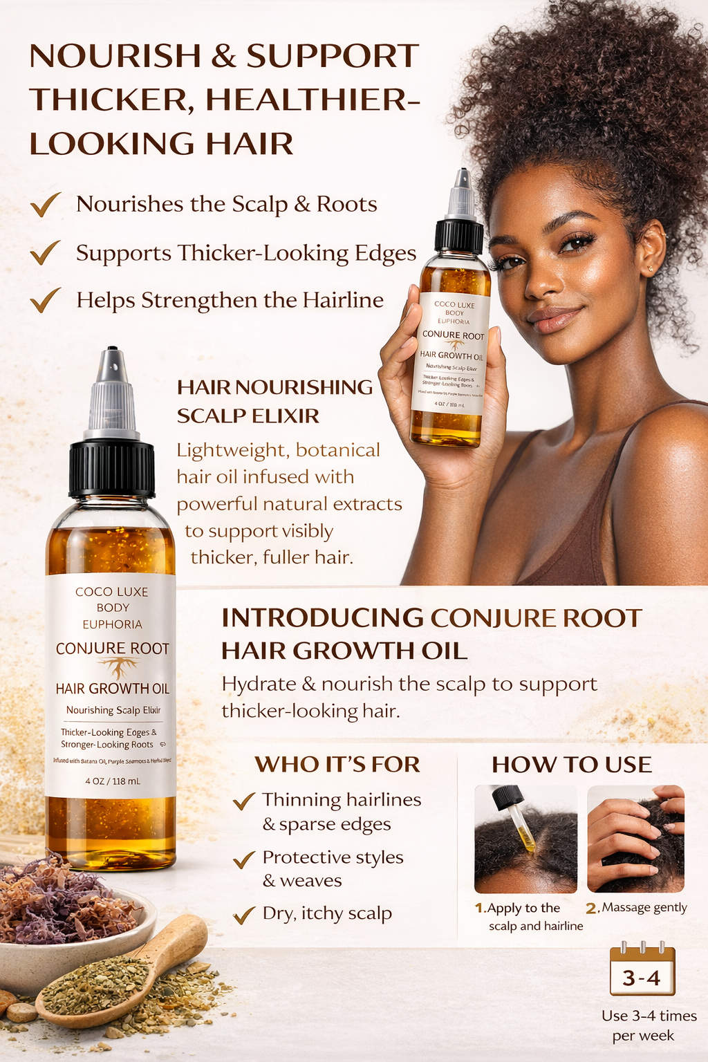 Conjure Root Hair Growth Oil – Herbal Scalp serum for Fast Hair Growth, Thicker Edges & Stronger Roots – Batana, Chebe & Rosemary Blend – CocoLuxe Body Euphoria Hair Oil for Thinning Hair - Fenugreek