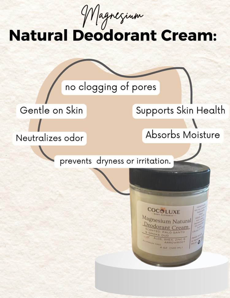 Cocoluxe body euphoria Magnesium Natural Deodorant Cream, Palo Santo & Smoke Oud Scent, 4 oz